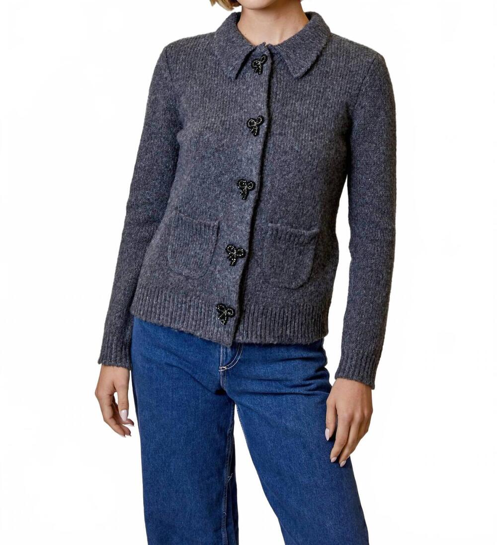 NEW DESIGN HISTORY beaded bow button cardigan in summit grey